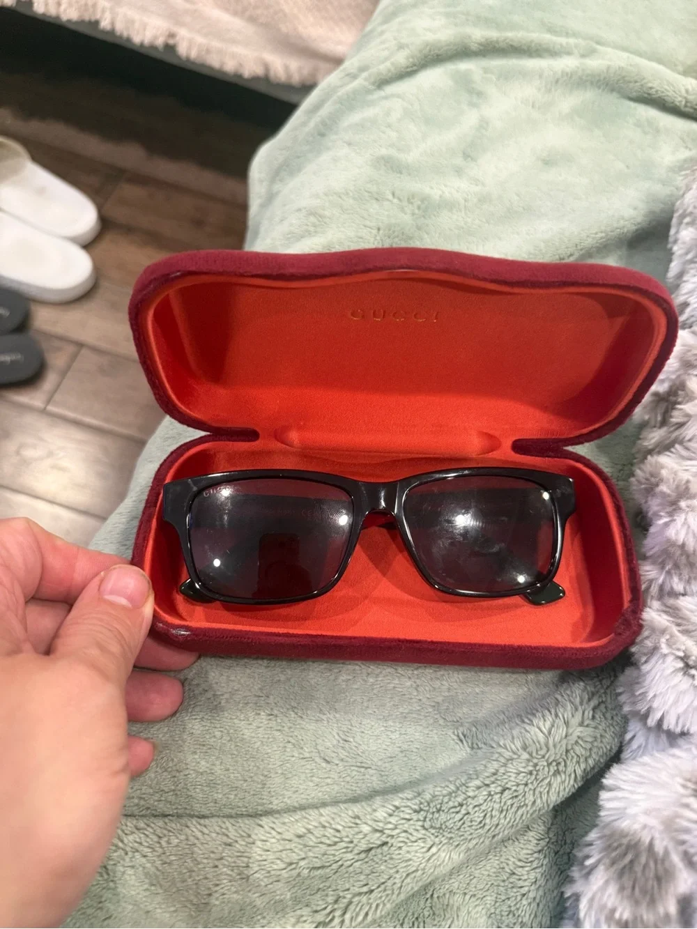 Gucci Men’s Black and Dark Green Rectangular Sunglasses